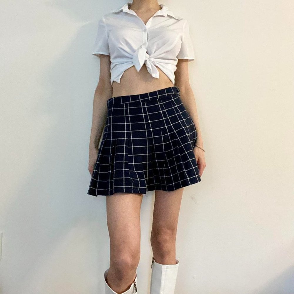 2000s Y2k Preppy Navy Pleated Plaid Miniskirt